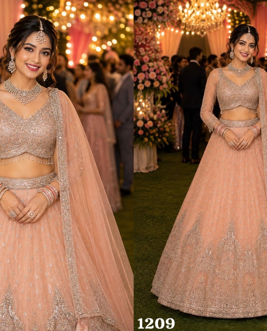 PEACH - Net Peach Beads Readymade Lehenga Choli