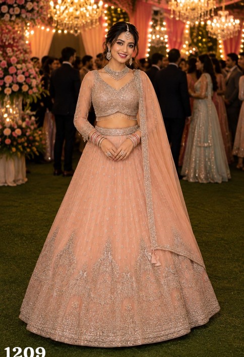 Net Peach Beads Readymade Lehenga Choli