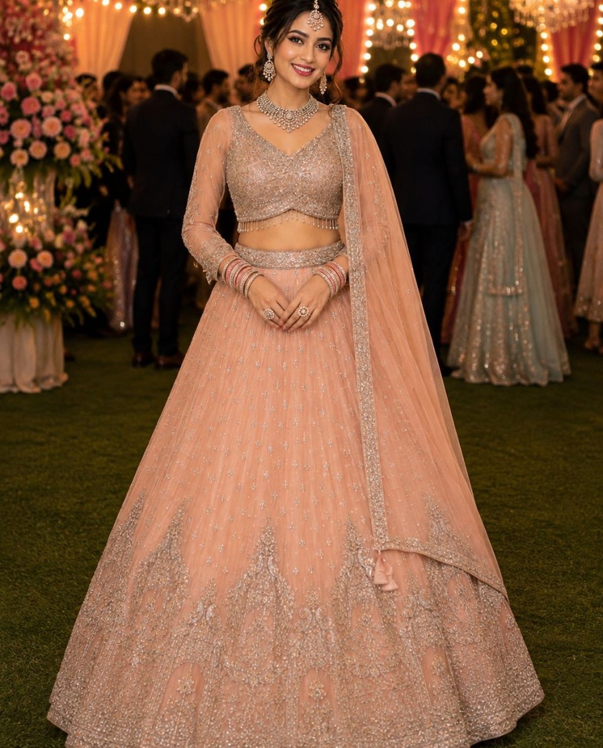 PEACH - Net Peach Beads Readymade Lehenga Choli