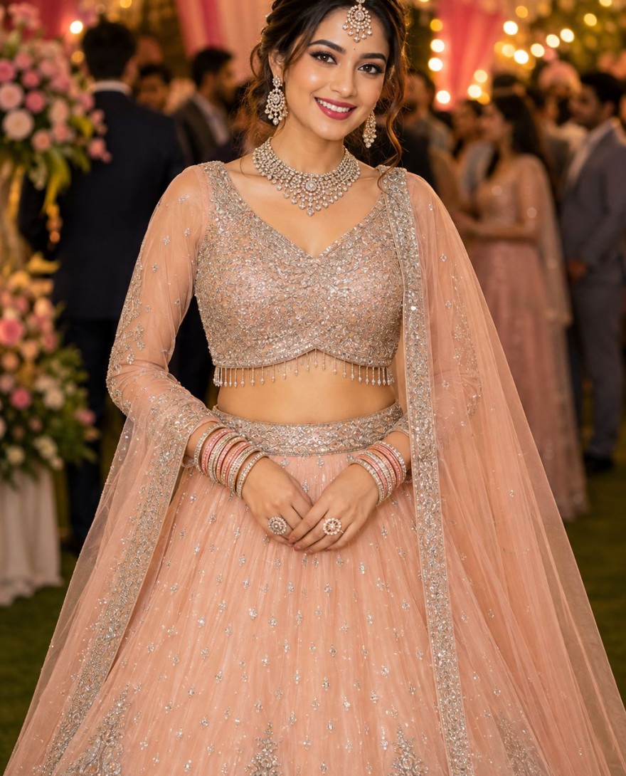 PEACH - Net Peach Beads Readymade Lehenga Choli
