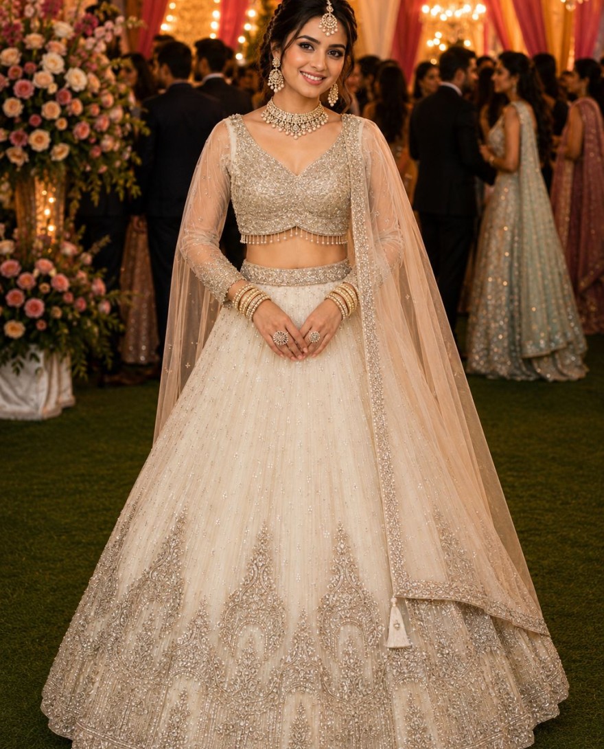WHITE - Net Off White Designer Lehenga Choli