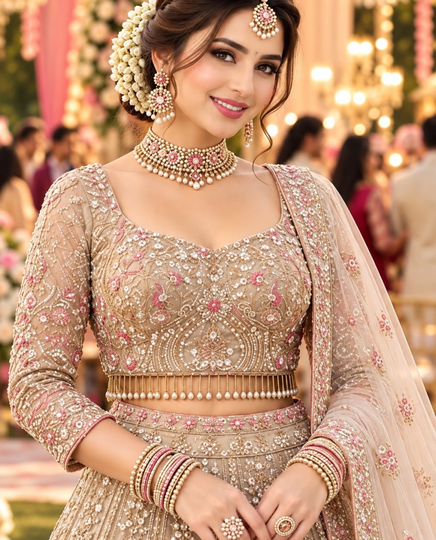 BEIGE - Beige Readymade Lehenga Choli in Net with Beads