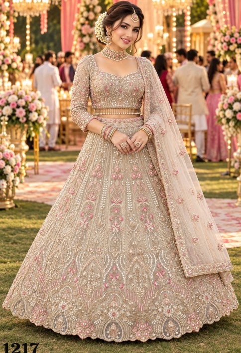 Beige Readymade Lehenga Choli in Net with Beads