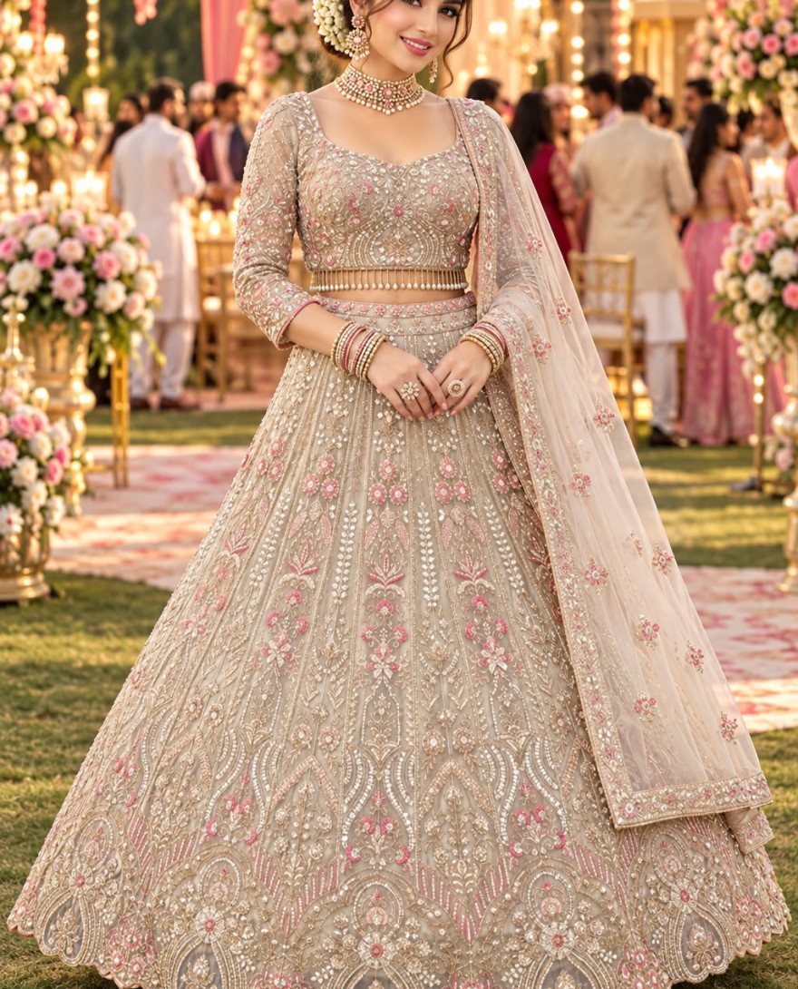 BEIGE - Beige Readymade Lehenga Choli in Net with Beads