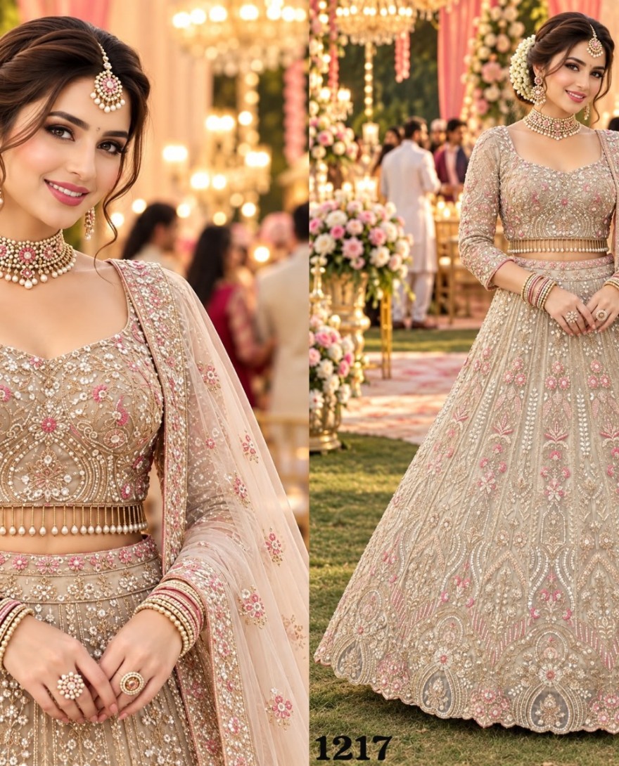 BEIGE - Beige Readymade Lehenga Choli in Net with Beads