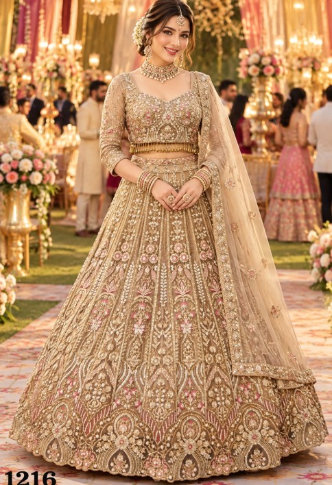 Beautiful Gold Net Beads Designer Lehenga Choli