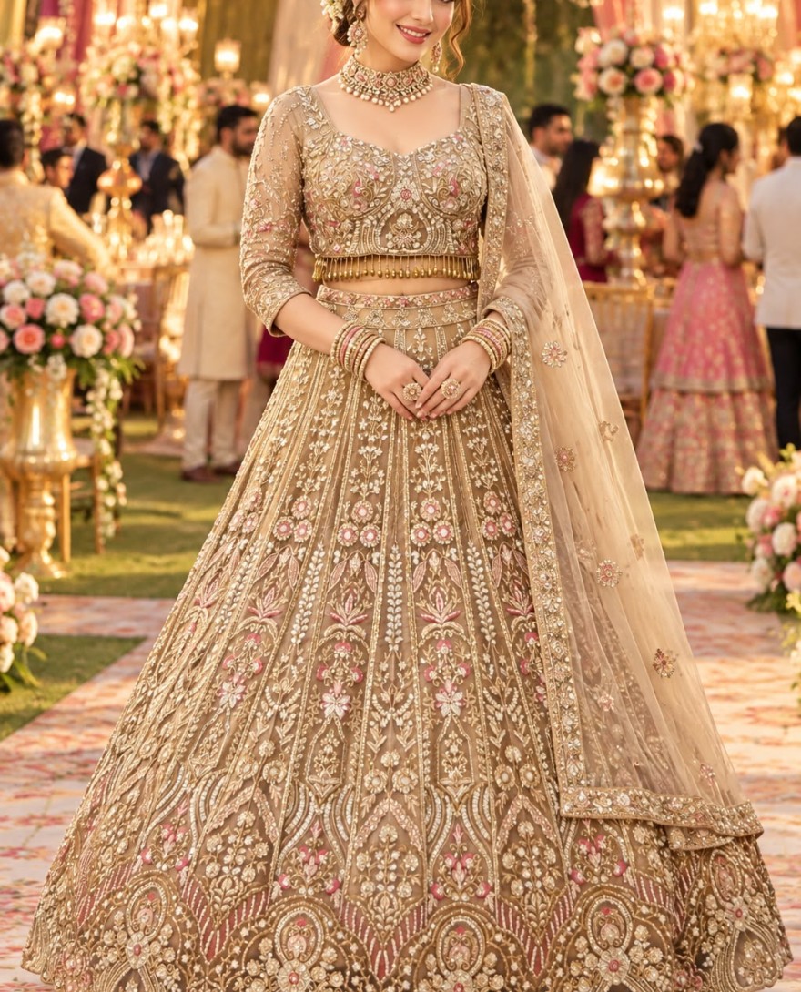 GOLDEN - Beautiful Gold Net Beads Designer Lehenga Choli