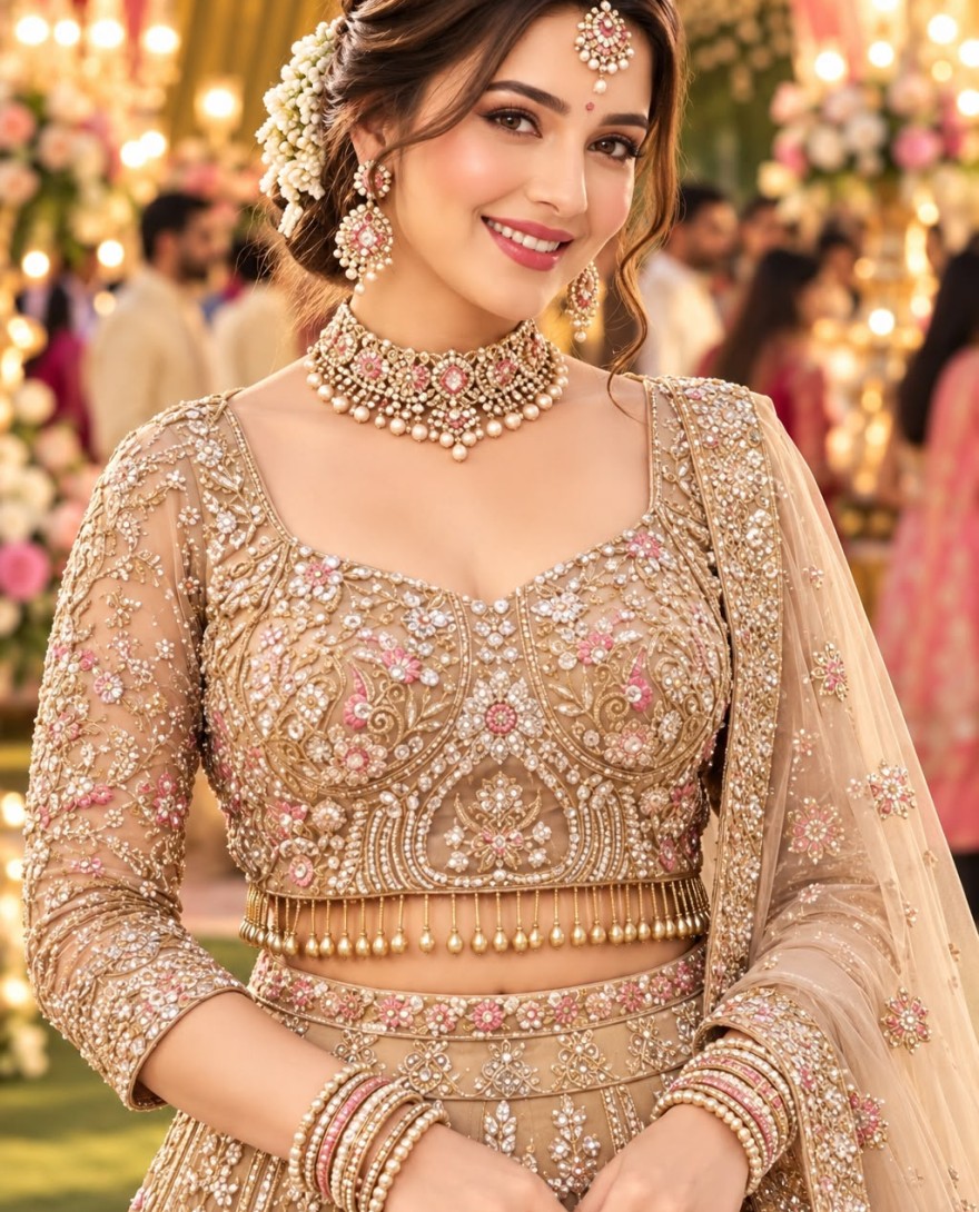 GOLDEN - Beautiful Gold Net Beads Designer Lehenga Choli