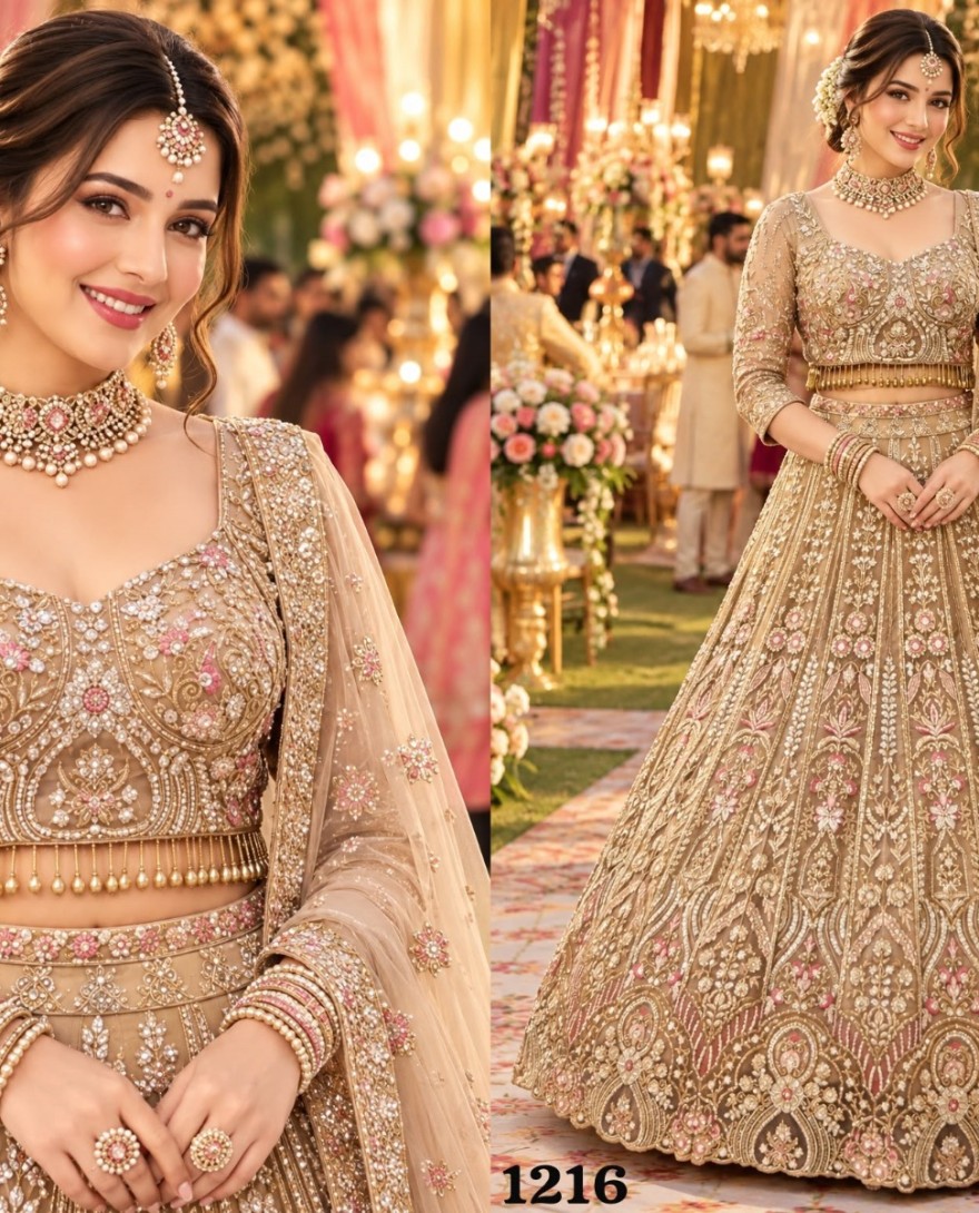 GOLDEN - Beautiful Gold Net Beads Designer Lehenga Choli
