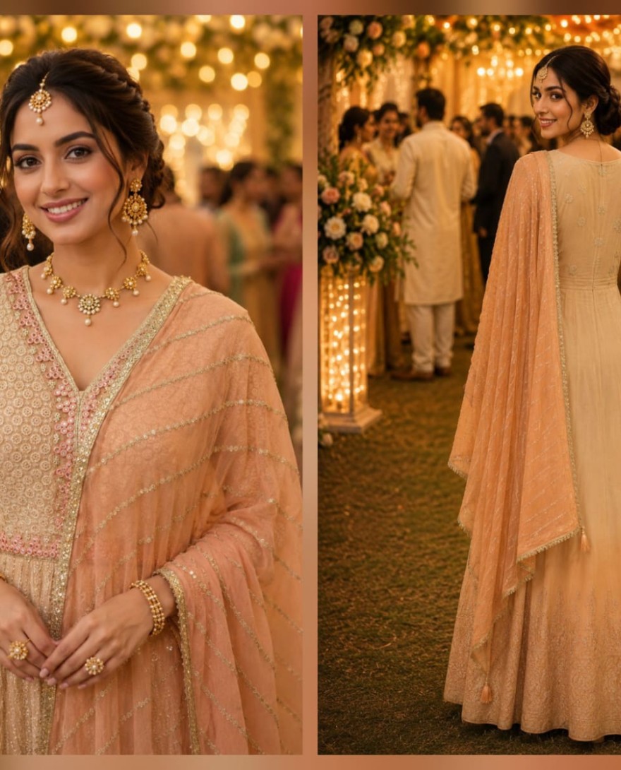PEACH - Cream and Peach Georgette Designer Gown with Chikankari and Embroidered Work for Women