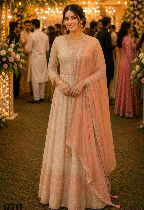 Cream and Peach Georgette Designer Gown with Chikankari and Embroidered Work for Women