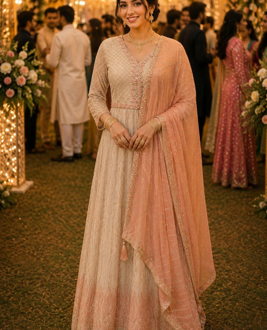 PEACH - Cream and Peach Georgette Designer Gown with Chikankari and Embroidered Work for Women