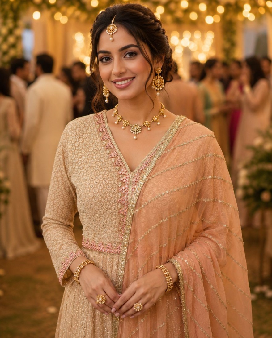 PEACH - Cream and Peach Georgette Designer Gown with Chikankari and Embroidered Work for Women