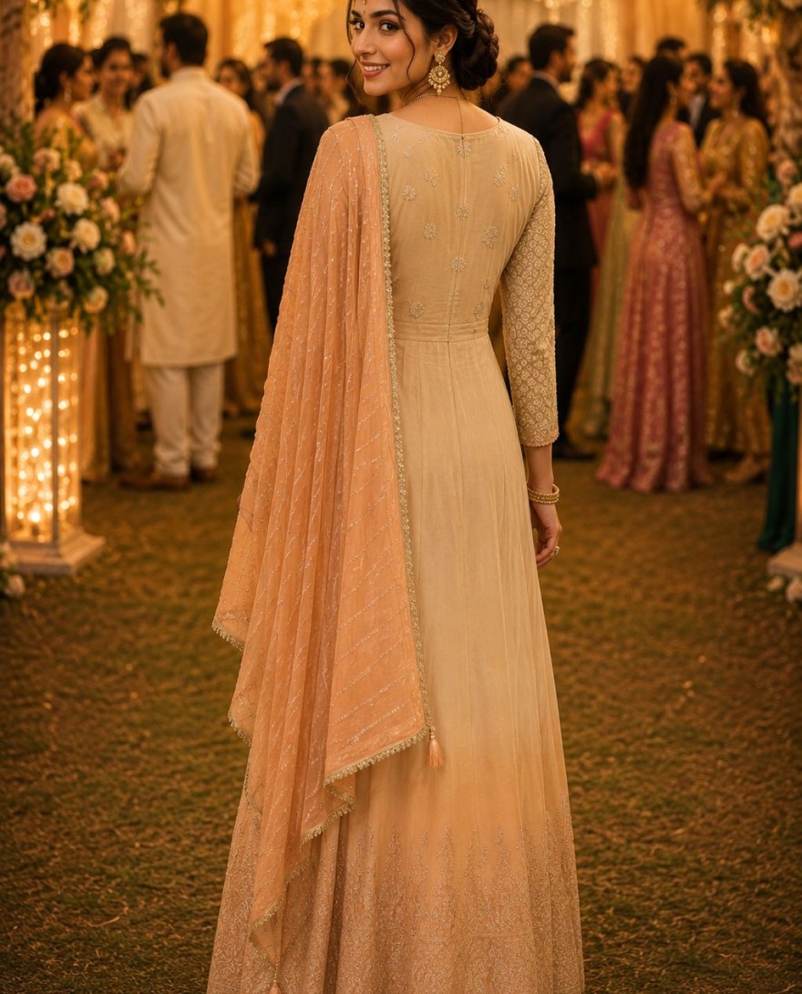 PEACH - Cream and Peach Georgette Designer Gown with Chikankari and Embroidered Work for Women