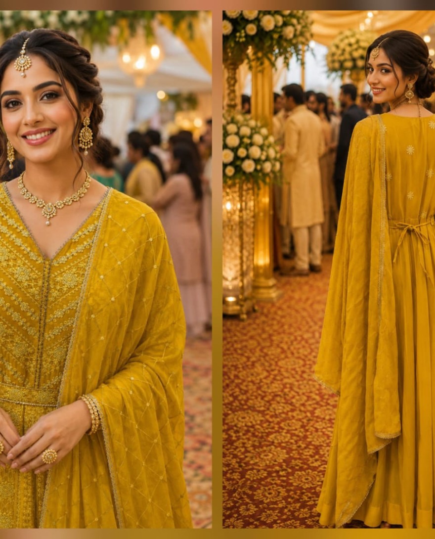 YELLOW - Chikankari and Embroidered Work Georgette Gown In Yellow Colour