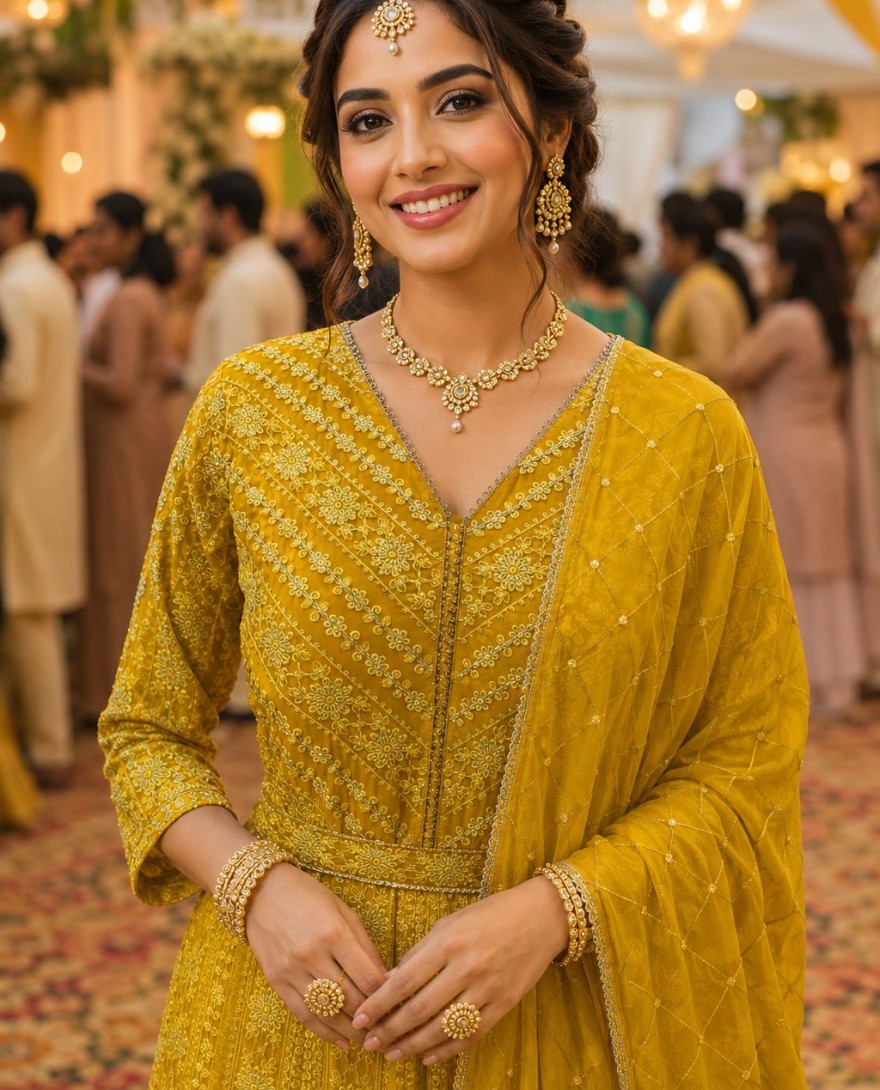 YELLOW - Chikankari and Embroidered Work Georgette Gown In Yellow Colour