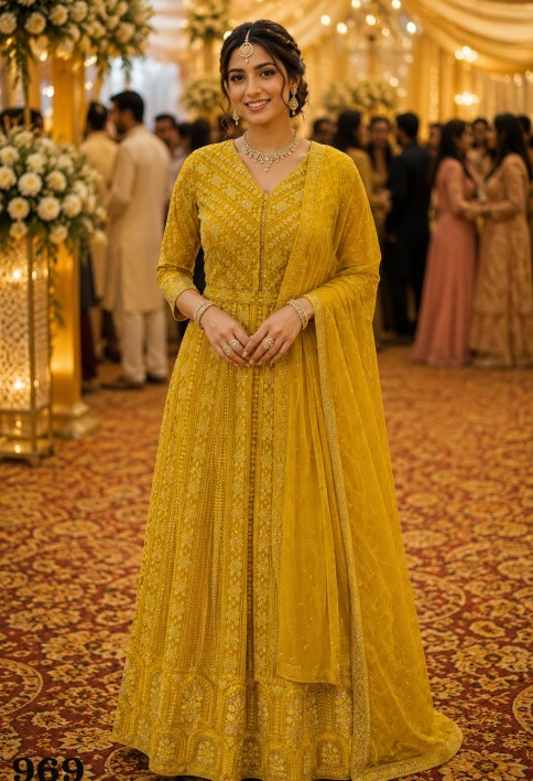 Chikankari and Embroidered Work Georgette Gown In Yellow Colour