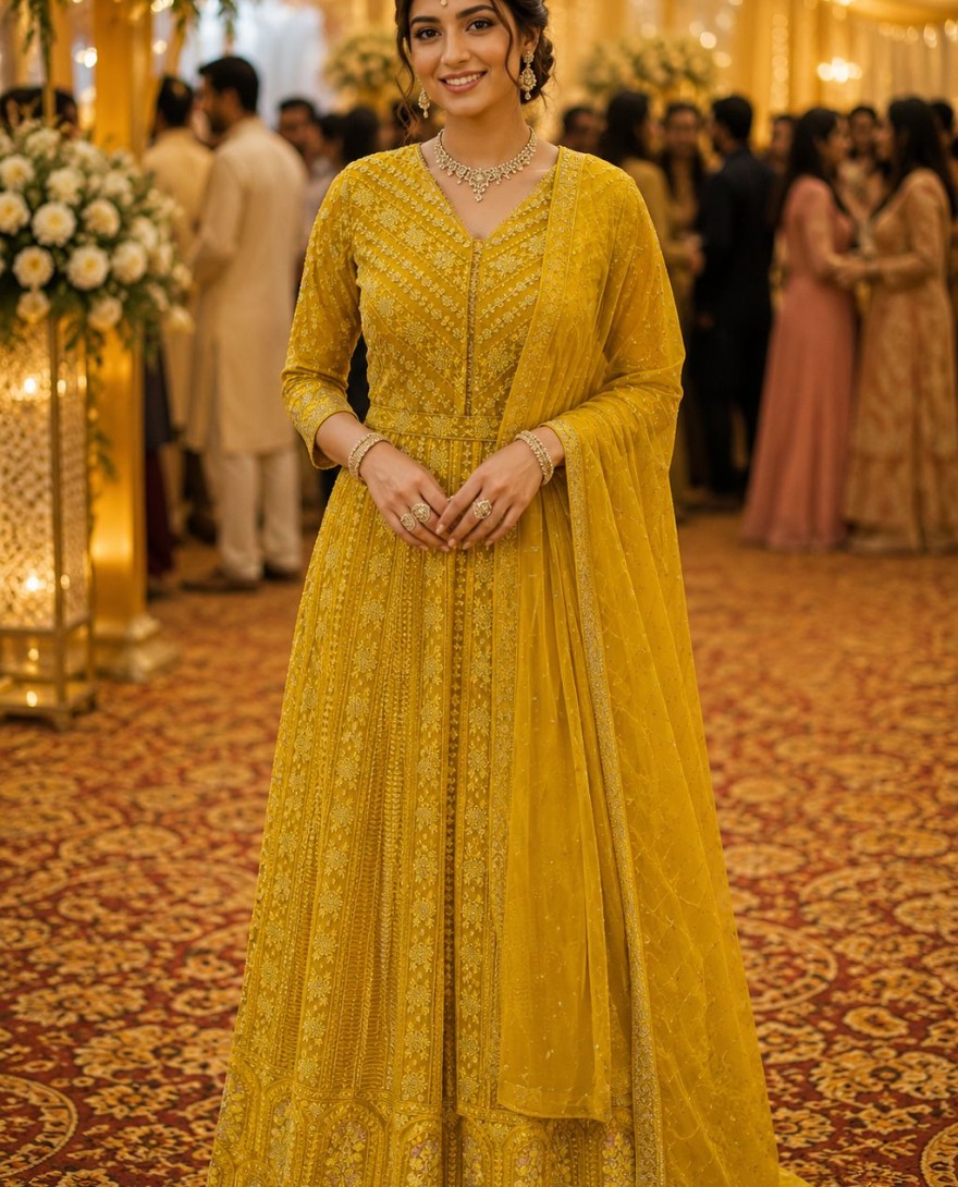 YELLOW - Chikankari and Embroidered Work Georgette Gown In Yellow Colour