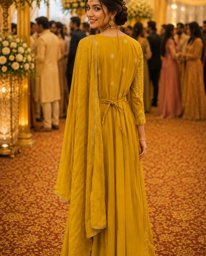 YELLOW - Chikankari and Embroidered Work Georgette Gown In Yellow Colour