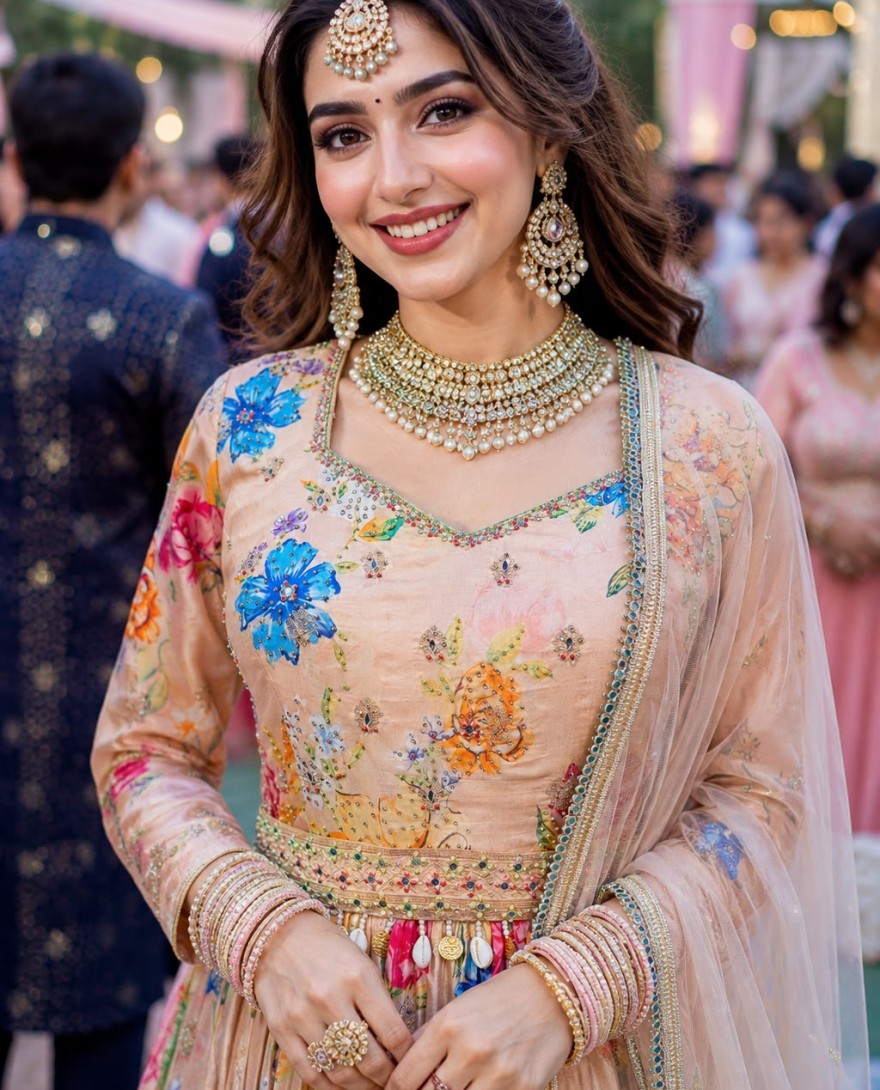 PEACH - Peach Viscose Gown with Embroidered and Print Work