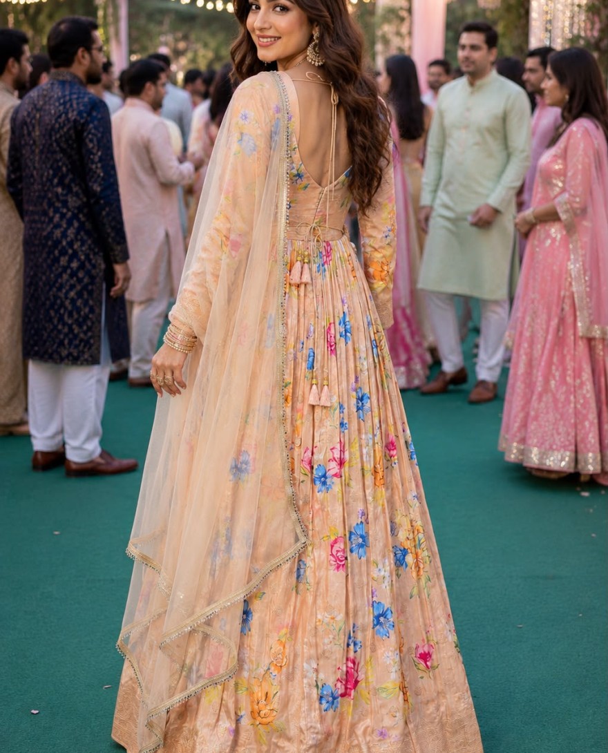 PEACH - Peach Viscose Gown with Embroidered and Print Work