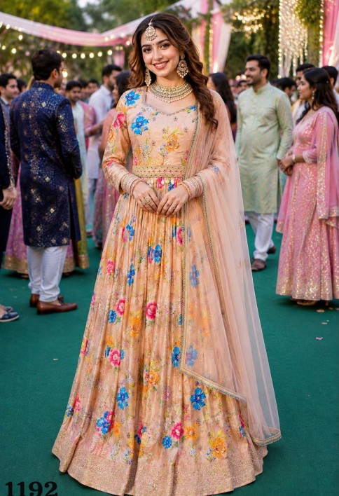 Peach Viscose Gown with Embroidered and Print Work