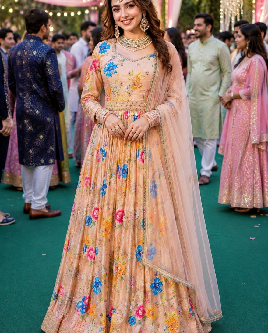 PEACH - Peach Viscose Gown with Embroidered and Print Work