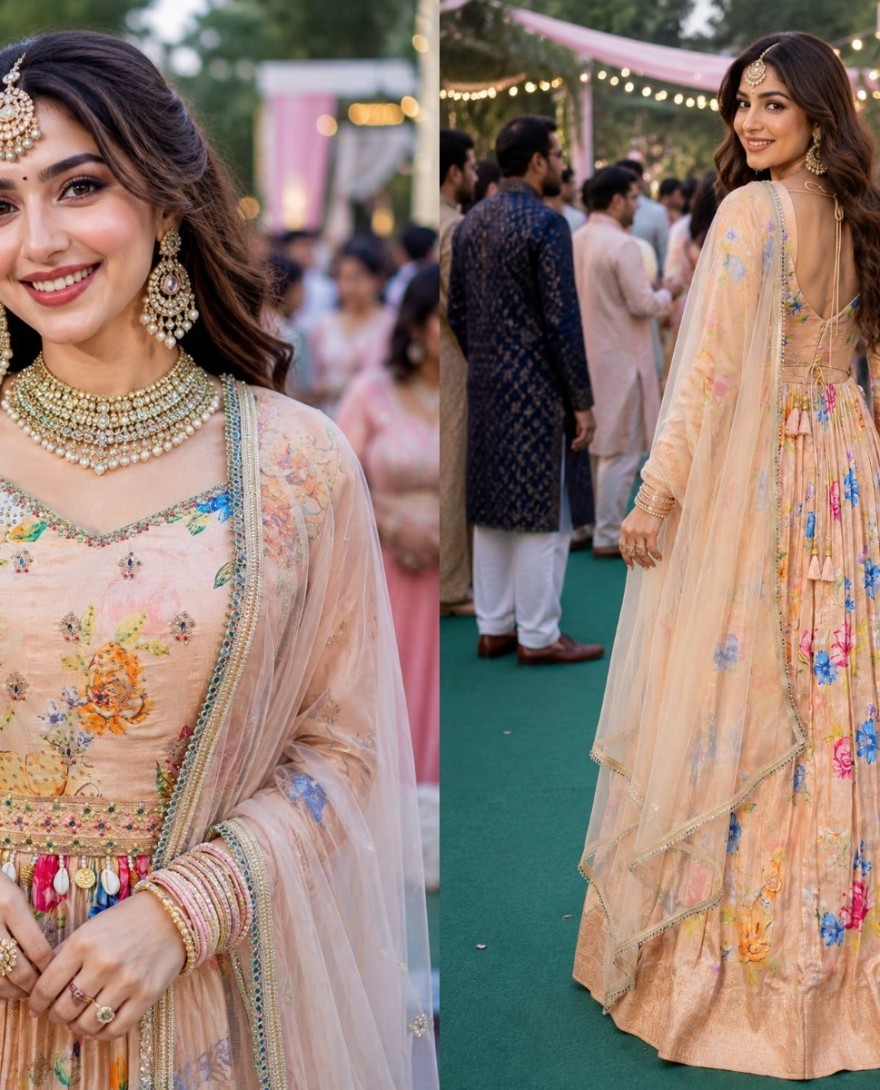 PEACH - Peach Viscose Gown with Embroidered and Print Work