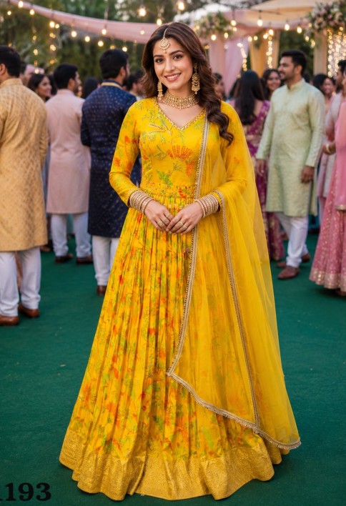 Yellow Viscose Designer Gown