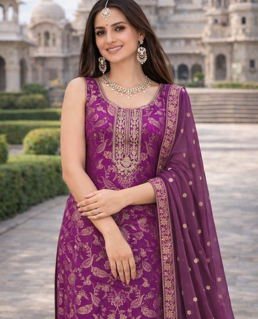 PURPLE - Embroidered Work Jacquard Pant Style Suit In Purple for Ceremonial