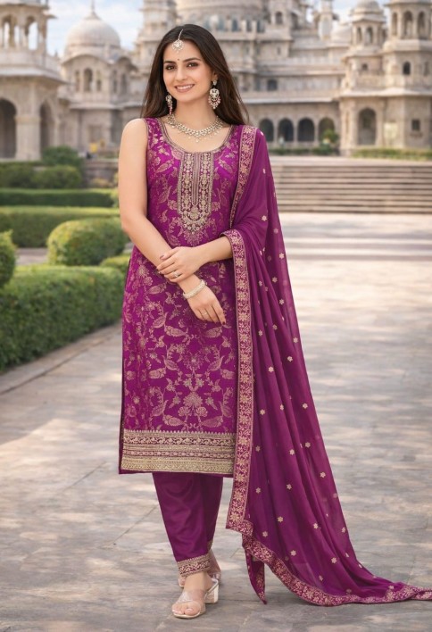 Embroidered Work Jacquard Pant Style Suit In Purple for Ceremonial