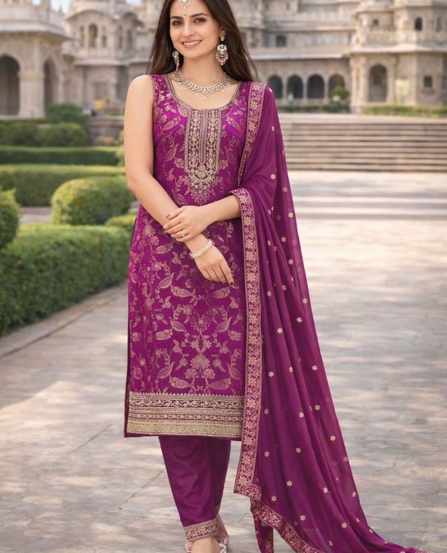 PURPLE - Embroidered Work Jacquard Pant Style Suit In Purple for Ceremonial