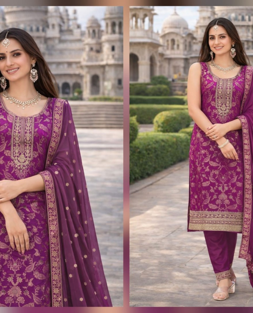 PURPLE - Embroidered Work Jacquard Pant Style Suit In Purple for Ceremonial
