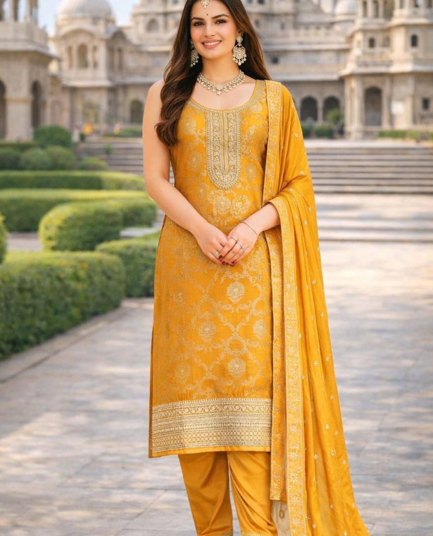 YELLOW - Mustard Jacquard Embroidered Work Salwar Suit for Ceremonial