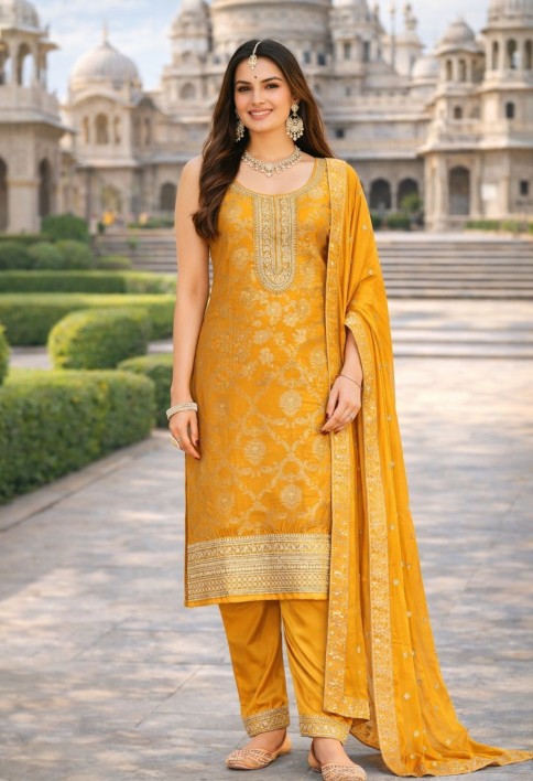 Mustard Jacquard Embroidered Work Salwar Suit for Ceremonial
