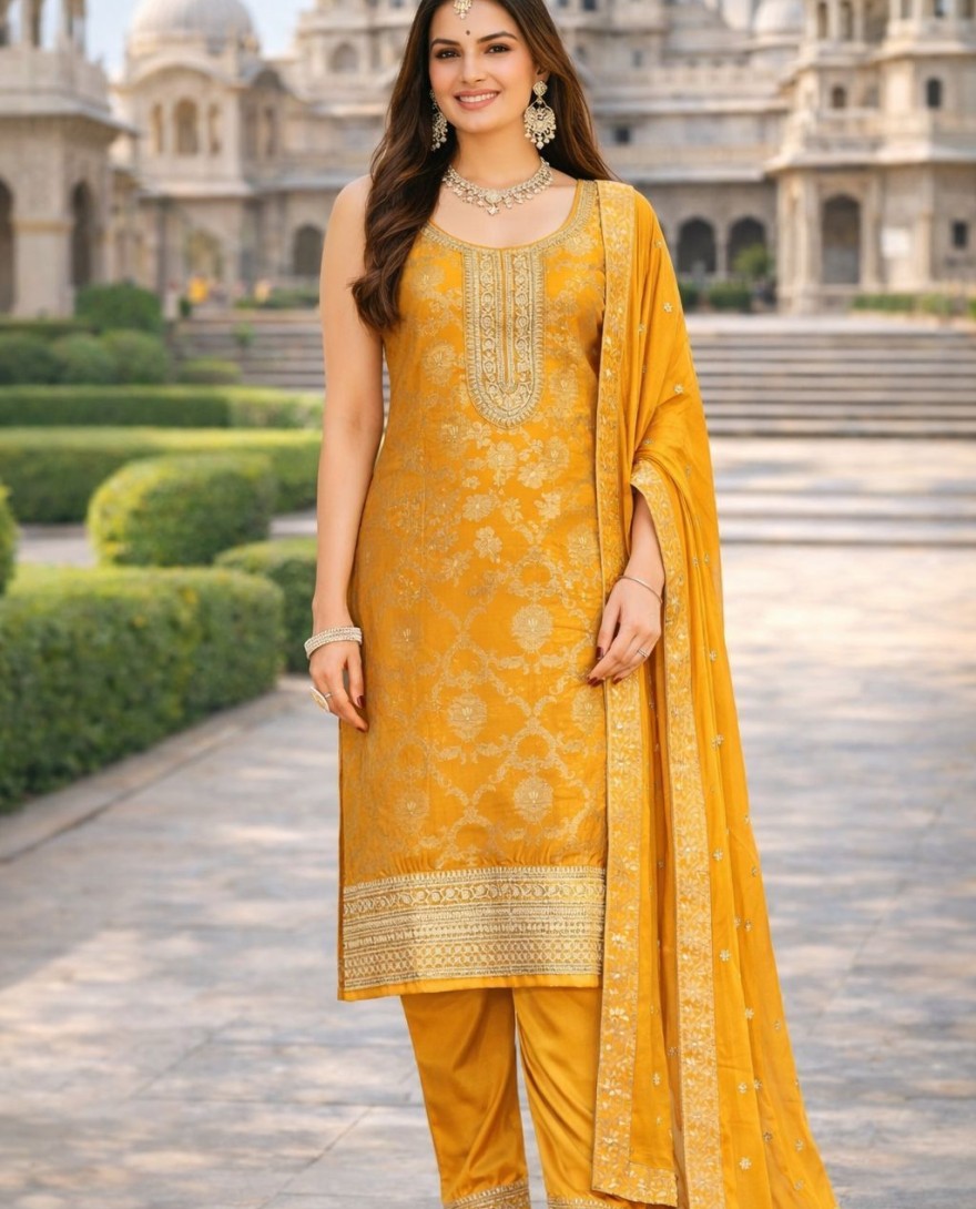 YELLOW - Mustard Jacquard Embroidered Work Salwar Suit for Ceremonial