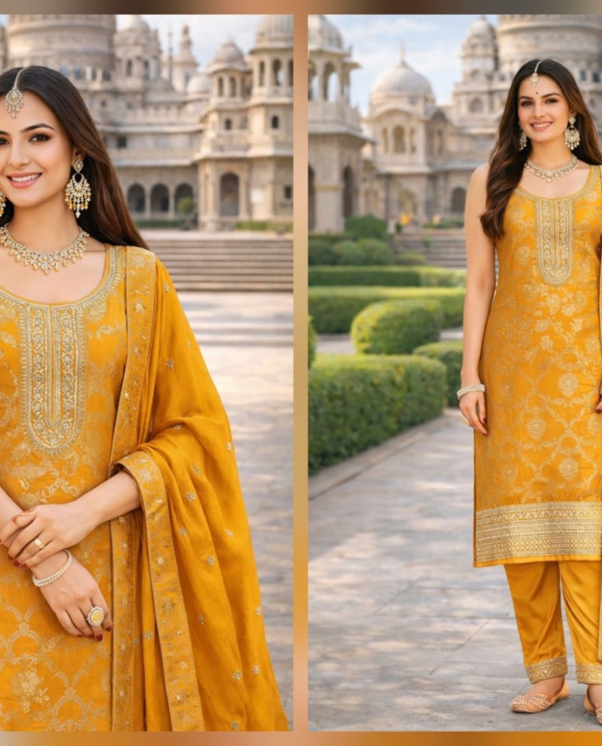 YELLOW - Mustard Jacquard Embroidered Work Salwar Suit for Ceremonial