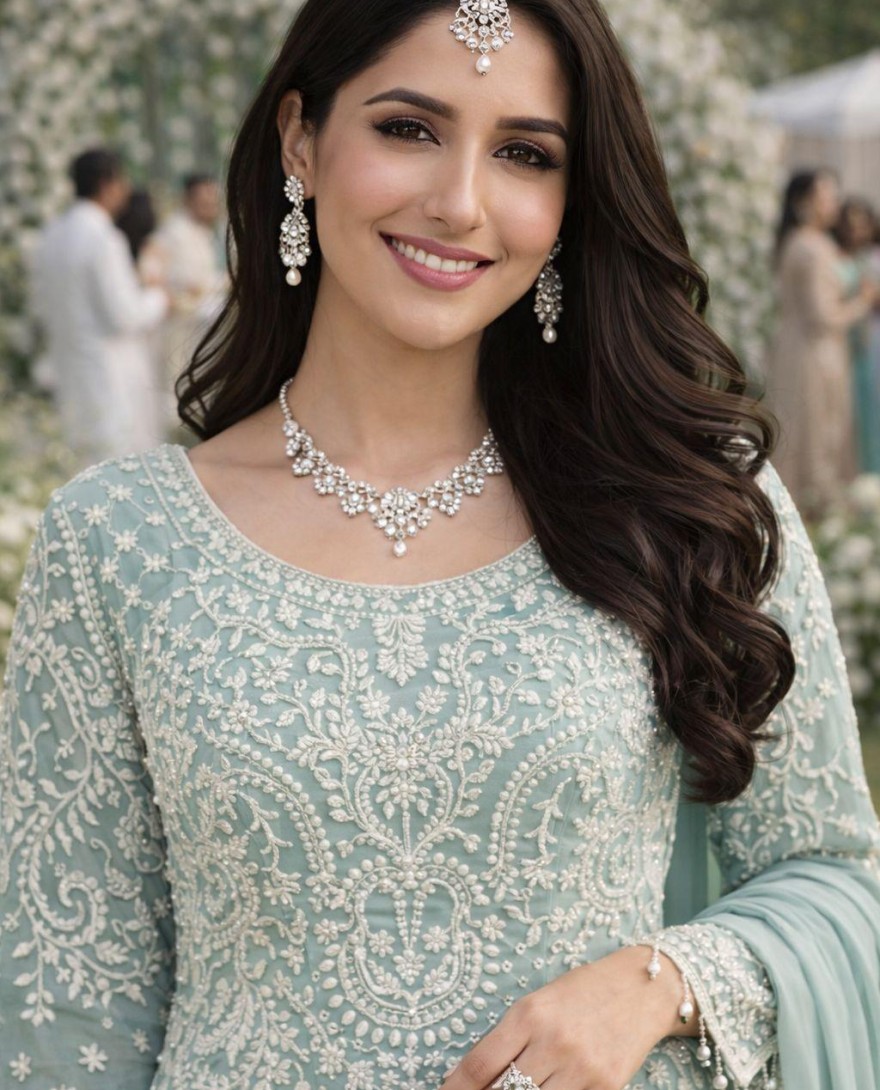 BLUE - Beads, Embroidered and Sequins Work Faux Georgette Pakistani Salwar Suit In Sea Green for Ceremonial