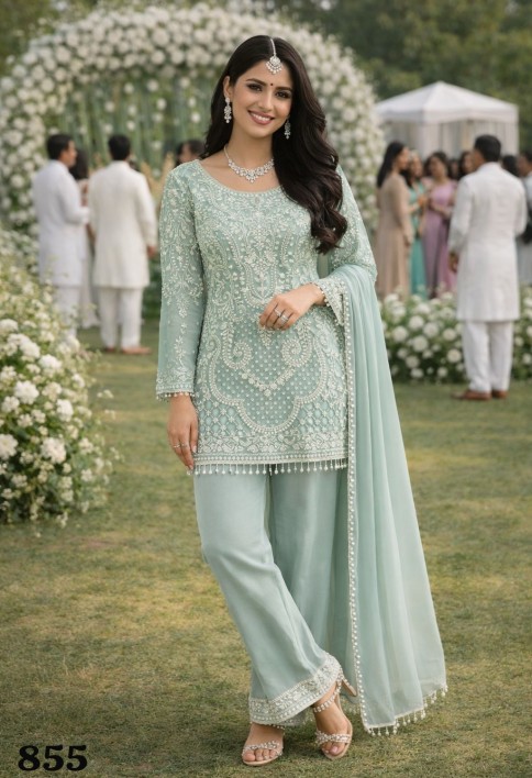 Beads, Embroidered and Sequins Work Faux Georgette Pakistani Salwar Suit In Sea Green for Ceremonial