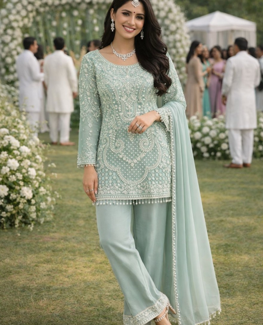 BLUE - Beads, Embroidered and Sequins Work Faux Georgette Pakistani Salwar Suit In Sea Green for Ceremonial