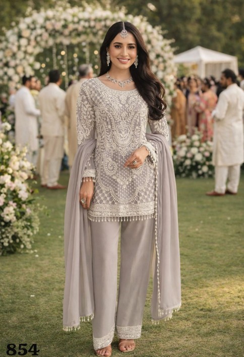 Beads, Embroidered and Sequins Work Faux Georgette Salwar Suit In Grey