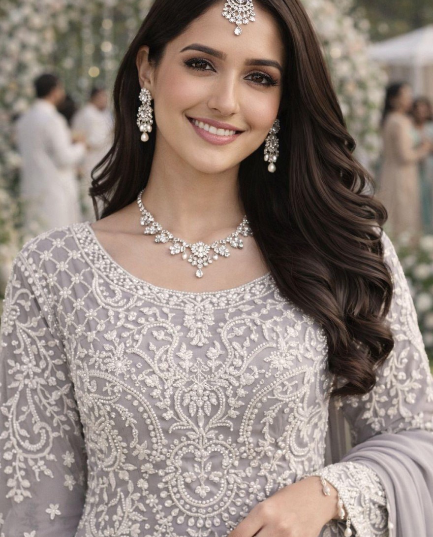 GREY - Beads, Embroidered and Sequins Work Faux Georgette Salwar Suit In Grey