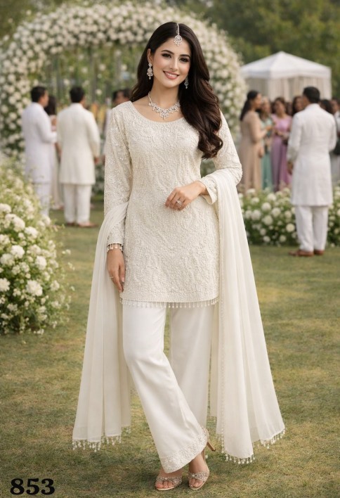 Beads, Embroidered and Sequins Work Faux Georgette Pakistani Salwar Suit In Off White