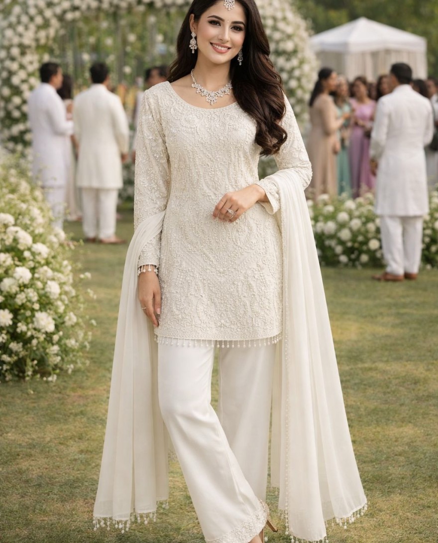 WHITE - Beads, Embroidered and Sequins Work Faux Georgette Pakistani Salwar Suit In Off White