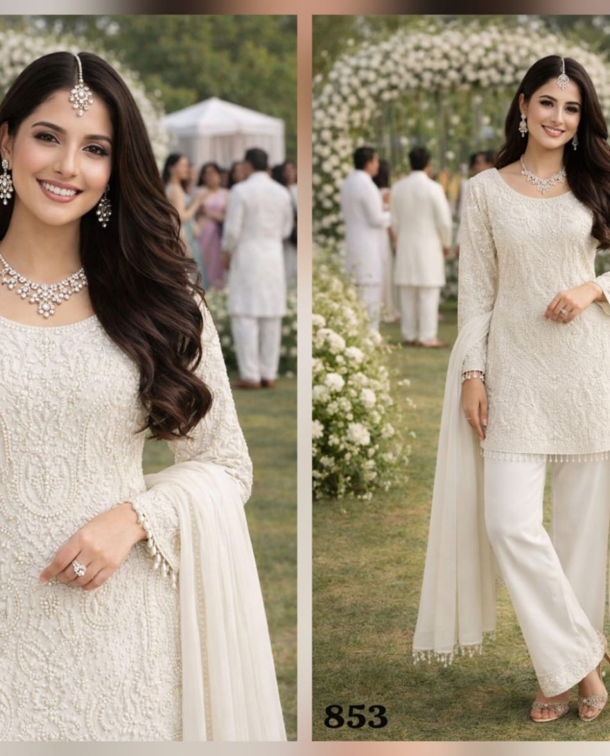 WHITE - Beads, Embroidered and Sequins Work Faux Georgette Pakistani Salwar Suit In Off White