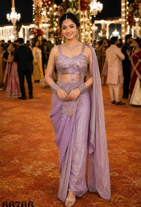 Lavender Fandy Classic Saree with Embroidered Work for Ceremonial