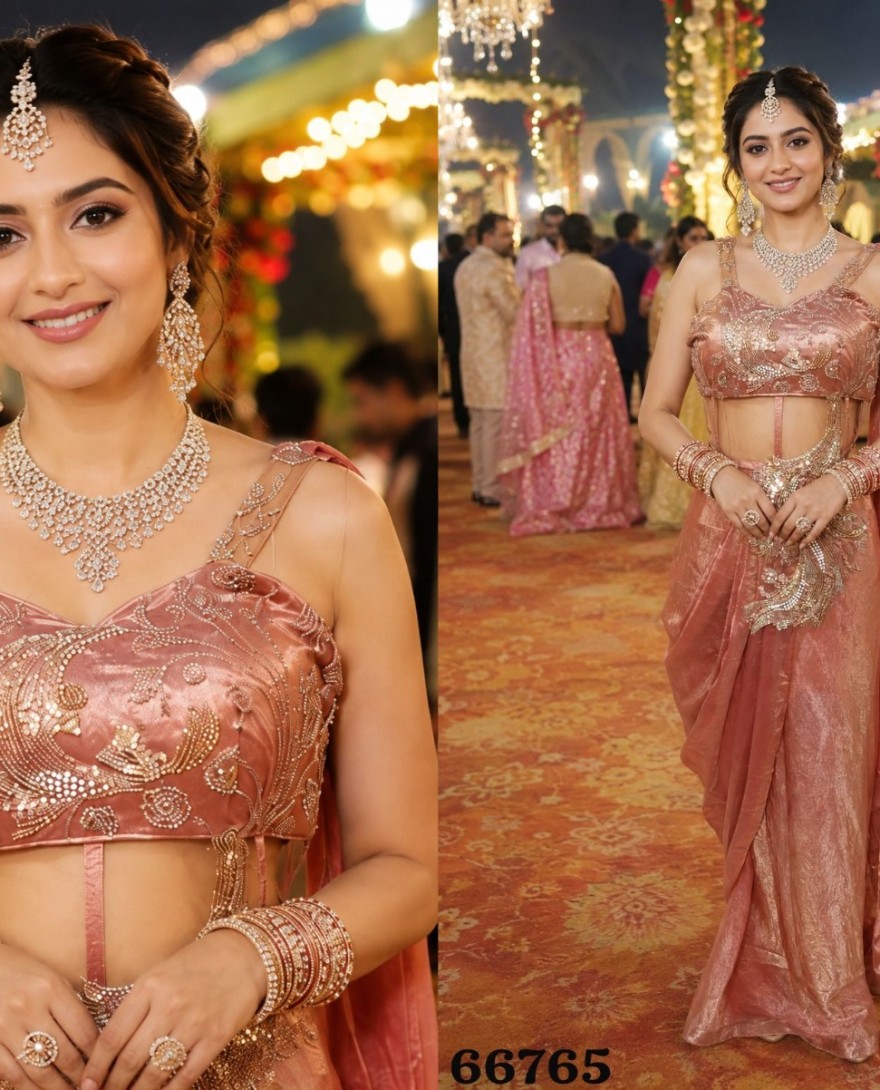 PEACH - Peach Fandy Contemporary Saree with Embroidered Work