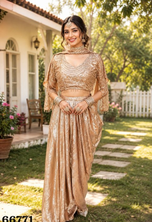Resplendent Satin Sequins Gold Contemporary Saree