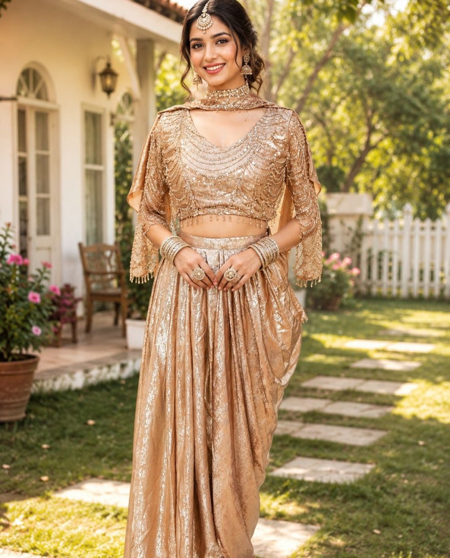 GOLDEN - Resplendent Satin Sequins Gold Contemporary Saree