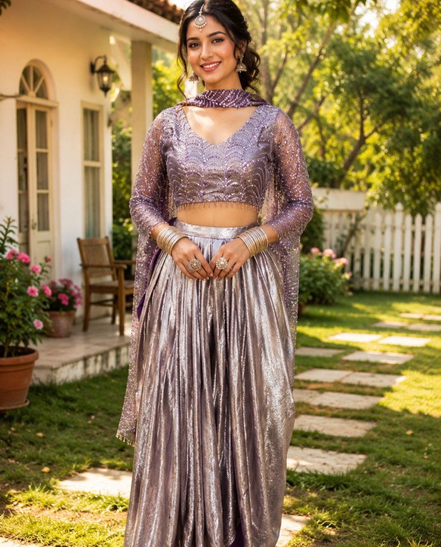 PURPLE - Lavender Sequins Satin Classic Saree